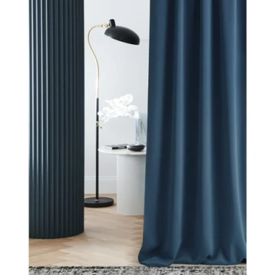 Afbeelding van ROOM99 Laurel gordijn met plooiband, 140 x 260 cm breed hoogte, verduistering, ondoorzichtig, schuifgordijnen, woonkamer, slaapkamer, voor dakspaneel, donkerblauw