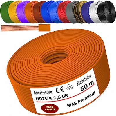 Afbeelding van MAS Premium Van 5 tot 100 m aderkabel H07 V K 1 x 1,5 mm² SW, HBL, GNGE, GN, RT, DBL, BR, OR, GR, WS, VIO, U MAR.BL of GE enkele kabel flexibel (oranje, 50 m)