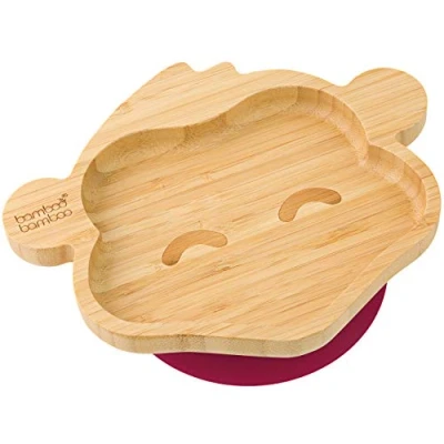 Afbeelding van Bamboe babybord met zuignap, zuignapbord voor kinderen en peuters, niet giftig, natuurlijk bamboebord babyvoeding, dat koel blijft, babygeleid spenen (aap kersen)