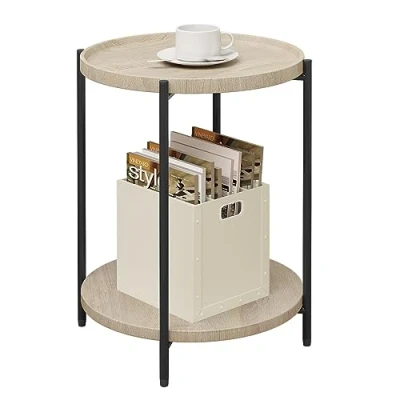 Afbeelding van WOLTU Salontafel rond, bijzettafel met 2 planken, woonkamertafel afneembaar tafelblad, nachtkastje, banktafel, telefoontafel voor woonkamer, slaapkamer, van MDF, metaal, licht eiken, BTS06hot