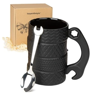Afbeelding van Bandenmok, grote inhoud, 450 ml, keramiek, met lepel, bandenbeker, 3D autobeker handvat, koffiekopjes voor mannen, kantoor, autoliefhebbers, thuis, cadeau bestuurder en