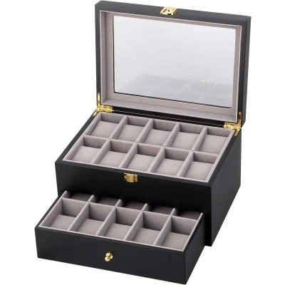 Afbeelding van Opbergdoos voor 20 Horloges 2 Lagen Organizer Collectie Sieraden met Glas Deksel Heren