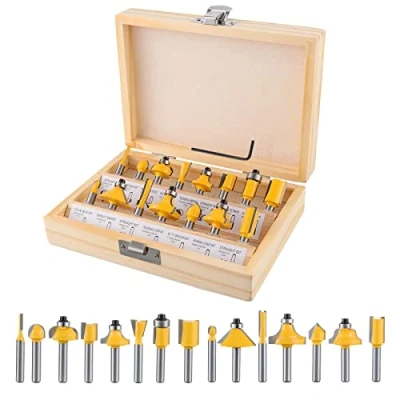 Afbeelding van Gueenky 15 Stuks Router Bits, 6.35mm 1/4 Inch Schacht Bits Set, Wolfraamcarbide Bit Set met Houten Doos, Frees voor Houtbewerking, Sleutel
