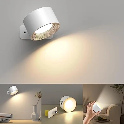 Afbeelding van wandlamp voor binnen, met batterij opladen via USB, 3 kleuren en helderheidsniveaus LED binnen 360 draaibare aanraakbediening wandlampen Draadloze (wit)