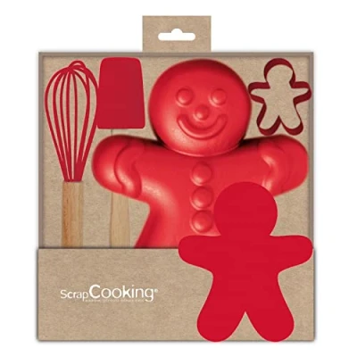 Afbeelding van ScrapCooking Set voor peperkoekmannetje kinderen cadeauset met 4 gebruiksvoorwerpen: garde, lepel, vorm &amp; snijder hout, siliconen roestvrij staal cake, koekjes 1135