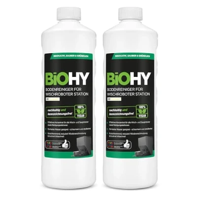 Afbeelding van BiOHY Vloerreiniger voor dweilrobot station met frisse geur (2 x 1 liter), reinigingsmiddel concentraat alle wis en zuigrobots natte functie, schuim arm streepvrij, vloeren