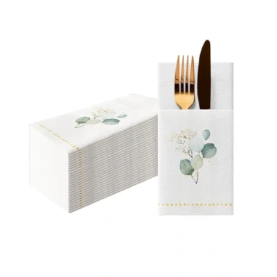 Afbeelding van PAW Airlaid Servetten (1/8 pocket) I 25 Stuks Bruiloft en Verjaardag Decoratie Ideaal voor Bruiloften, Communies, Recepties Elegant Tafeldecoratie Kleur: Gouden eucaliptus