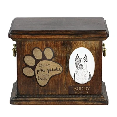 Afbeelding van Art Dog Custom Memorial Urn Handgemaakt Koud Gegoten Bronzen Portret op Berken Basis met Gepersonaliseerde Keramische Plaat 8,3x11,4x8,7 Amstaff