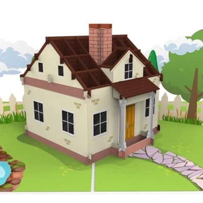 Afbeelding van LIMAH® Pop upkaart huis 3D wenskaart met tuin en vijver om in te trekken, richtfest, huisbouw, huisaankoop of verhuizing als cadeaubon geldgeschenk