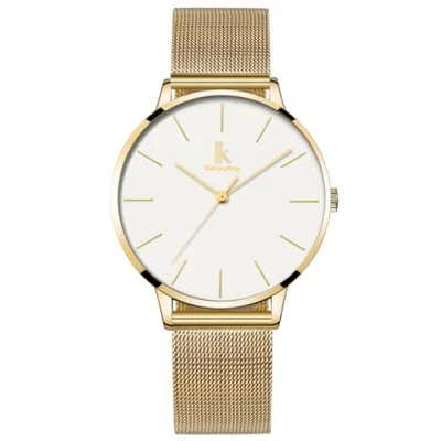 Afbeelding van Alienwork Dameshorloge Goud Mesh Armband Wit Ultra Dun