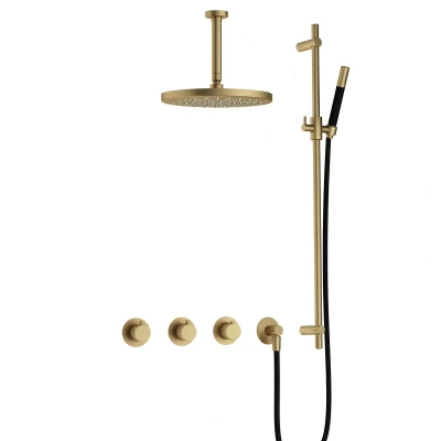 Afbeelding van Hotbath Cobber Regendoucheset IBS70 Geborsteld Messing Staaf handdouche 30cm Hoofddouche 15cm Plafondbuis Handouche met glijstang