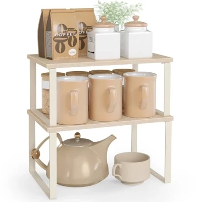 Afbeelding van SONGMICS Kruidenrek, set van 2 keukenorganizers, keukenplank, kastorganizer, uitbreidbaar, kleine plank, stapelbaar, materiaal metaal en hout, travertijnbeige crèmewit KCS020L01