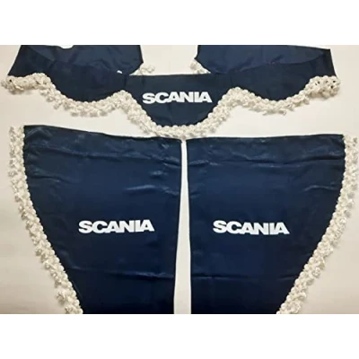 Afbeelding van Set van 3 pluche gordijnen met kwasten wit voor vrachtwagens Scania R S P L (blauw)
