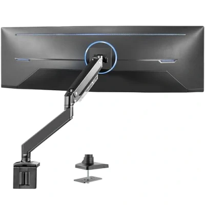 Afbeelding van VIVO Premium Aluminium Heavy Duty Monitorarm voor Ultrawide Monitoren tot 49&quot; en 33 LB, Single Desk Mount Stand, Pneumatische Hoogte, Max VESA 100x100, Zwart, STAND V101G1