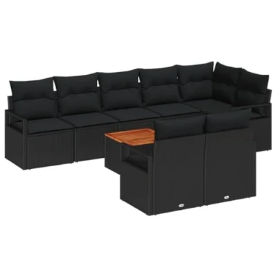 Afbeelding van vidaXL 9 delige tuin sofa set met kussens zwart poly riet acacia
