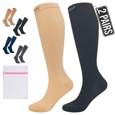 Afbeelding van 360 Relief 2 Paar Compressiesokken Dammes en Herren Effen Kleuren Compressiekousen voor Sport, Hardlopen, Vliegen, Reizen, Joggen, Fietsen, Werk S/M Beige&amp;Zwart Kniehoge sokken met Mesh Waszakje