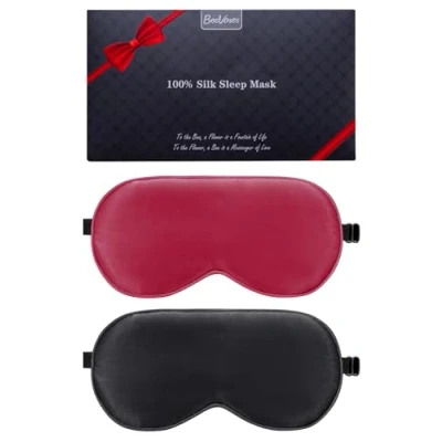 Afbeelding van zijden slaapmasker, 2 pack 100% echt natuurlijk, puur oogmasker met verstelbare riem, oogslaapmasker, BeeVines Eye Sleep Shade Cover voor zomerreizen Vermindert gezwollen ogen (Zwart en rood)