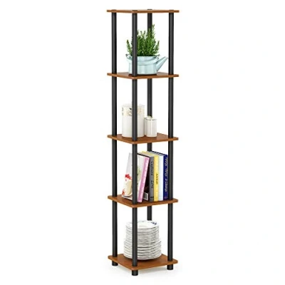 Afbeelding van Furinno Turn N Tube 5 Tier Hoek Vierkante Rek Display Plank met Ronde Buis, Licht Kers/Zwart