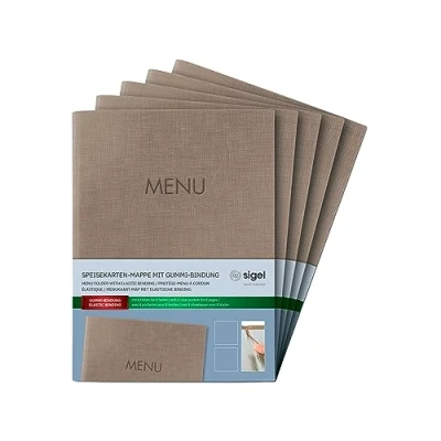 Afbeelding van Sigel SM211/5 Menu A5, rubberbinding, beige met een linnenstructuur, 5 pack, duurzaam en gemakkelijk af te vegen