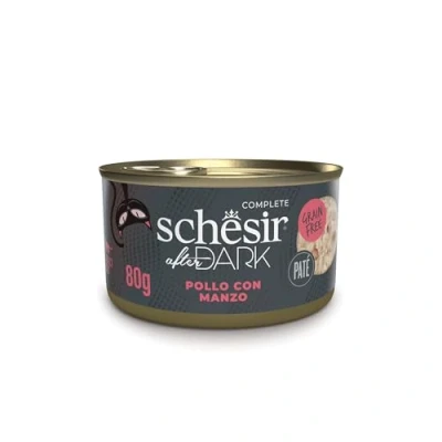Afbeelding van Schesir, Natvoer voor volwassen katten blikjes After Dark smaak kip en rundvlees in paté 12 x 80 g