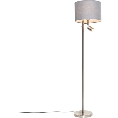 Afbeelding van QAZQA Vloerlamp staal met kap grijs en leeslamp Jelena