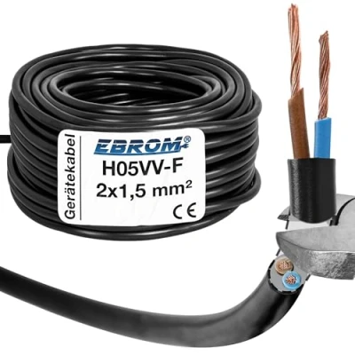 Afbeelding van EBROM Kunststof slangleiding rond, kabel, stroomkabel, toestelkabel H05VV F 2x1,5 mm², kleur: zwart, vele lengtes in stappen van 5 meter, tot 200 2 x 1,5 mm2, uw kabellengte: meter