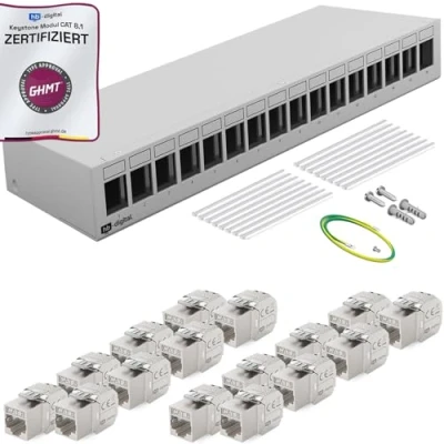Afbeelding van HB DIGITAL 16 poorts patchpaneel, patchveld, verdelerveld, 1 HE 16x CAT 8 RJ45 Keystone Jack module, GHMT gecertificeerd, volledig afgeschermd STP 40 Gbps, compatibel met installatiekabel,