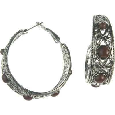 Afbeelding van Behave Oorbellen vintage oorringen zilver kleur met steentjes bruin 4 cm