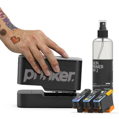 Afbeelding van Tijdelijke tattoo printer Prinker S Black &amp; Color, aangepaste tattoos in enkele seconden, waterbestendig, compatibel met Android en iOS, zwarte kleurrijke cosmetische inkt inbegrepen.