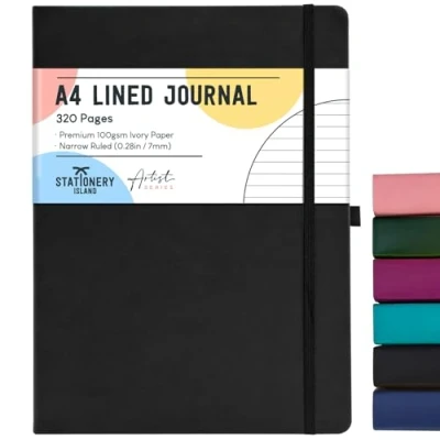 Afbeelding van STATIONERY ISLAND A4 gelinieerd notitieboek, 320 pagina&#039;s dik dagboek met 100 g/m² voor schrijven, werken, studeren, dagboek, zwart