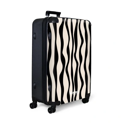 Afbeelding van NoBoringSuitcases.com® Koffer groot Reiskoffer lichtgewicht Beige met zwart golvende lijnen Rolkoffer 4 wielen Grote trolley XL 98 liter bagage