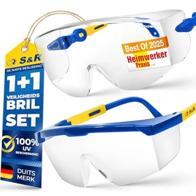Afbeelding van S&amp;R Veiligheidsbrilset, 2 veiligheidsbrillen, overbril voor brildragers, schokbestendig polycarbonaat, transparant, EN 166, verstelbare beugel, UV 400 bescherming, hoes, doek