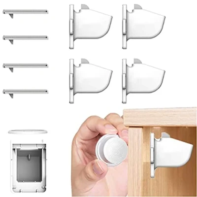 Afbeelding van Retoo Kastslot, magnetisch, 4 stuks, kastbeveiliging met sleutel voor kast en laden, kinderbeveiliging, onzichtbaar magneetslot, wit