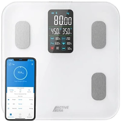 Afbeelding van Active Era Smart Weegschaal met Groot Led Display en Oplaadbaar Bluetooth Digitale 16 metingen, Hoge Precisie Lichaamsgewicht, Body Mass Index (BMI), Gratis Smartphone App Wit