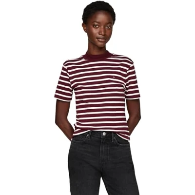 Afbeelding van Tommy Hilfiger Dames Slim Cody Crop Mock NK WW0WW40586 Overige T shirts, Breton Stp Deep Rouge/Ecru, S, Rood (Bretonse Rouge/Ecru), S