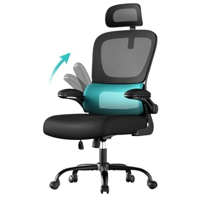 Afbeelding van SONGMICS bureaustoel, ergonomische mesh stoel, met dubbellaags mesh, opklapbare armleuningen, verstelbare lendensteun en hoofdsteun, schommelfunctie, inktzwart OBN041B01