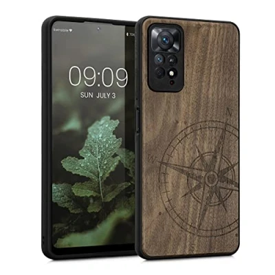 Afbeelding van kwmobile telefoonhoesje compatibel met Xiaomi Redmi Note 11 Pro/Note Pro (5G) / 12 (4G) Hoesje van hout en TPU In donkerbruin Vintage Kompas