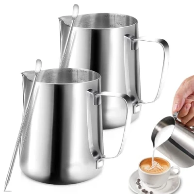 Afbeelding van Roestvrijstalen melkkannetje 350 ml melkkannetje, latte versieren kunstveer, met barista maatbeker, espresso, art, ideaal voor koffieliefhebbers
