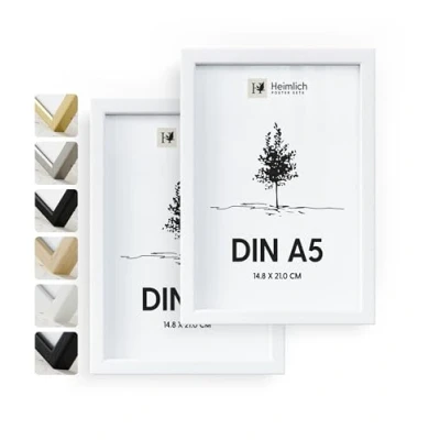 Afbeelding van Heimlich® 2 x fotolijst DIN A5 14,8 21 cm wit houten lijst pack documentenlijst klein collage echt hout Picture Frame