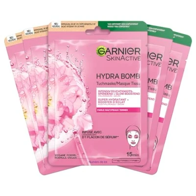 Afbeelding van Garnier Doekmasker, gezichtsmasker voor de vale huid, glow boostend en hydraterend, met hyaluronzuur sakura, Hydra Bomb, 5 x 28 g