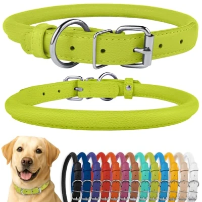 Afbeelding van CollarDirect Rolled lederen halsband, zachte gewatteerde ronde puppyhalsband, handgemaakte echt halsband hond kleine grote halsbanden zwart roze rood paars blauw (geschikt voor 16&quot; 20&quot; nek,