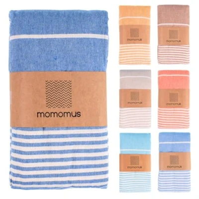 Afbeelding van MOMOMUS Fouta strandhanddoek, XXL, met franjes en 100% katoen, ideaal als zandvrije picknickkleed zonder zand, reuzenpareo of zwembadtapijt, blauw, 210 x 240 cm