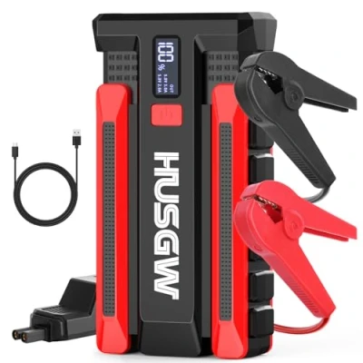 Afbeelding van Husgw starthulp powerbank 2000 A auto (tot 7 l benzine/5,5 diesel), 12 V draagbare met led zaklamp, starthulpkabel, accubooster voor motorfiets en SUV