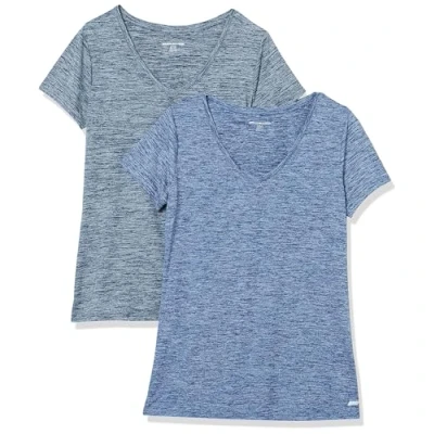 Afbeelding van Amazon Essentials Dames Tech Stretch T shirt met korte mouwen en V hals (verkrijgbaar in grote maten), 2 Pack, Marineblauw/Zwart, XL