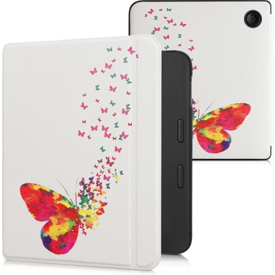 Afbeelding van kwmobile E reader hoesje geschikt voor Kobo Libra 2 hoes flip case met magnetische sluiting Ereader cover Zwerm Vlinders design in meerkleurig / roze wit