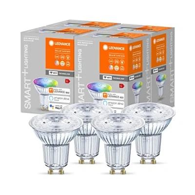 Afbeelding van LEDVANCE Slimme LED reflectorlamp met WiFi technologie, GU10 lampvoet, lichtkleur instelbaar (2700 6500K), RGB kleuren instelbaar, dimbaar, vervangt reflectorlampen van 50 W, 4 pak