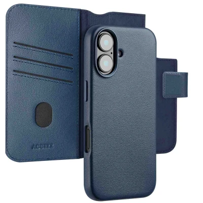 Afbeelding van Apple iPhone 16 MagSafe Hoesje Echt leder Accezz 2 in 1 Case/Bookcase Donkerblauw Telefoonhoesje