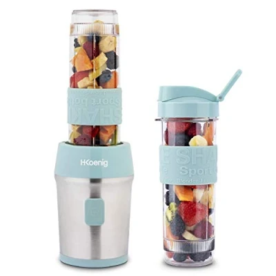 Afbeelding van H.Koenig Mini Blender / Smoothie Maker Compact SMOO16, 570 ml, BPA vrij, 300W, 2 flessen met reisdeksel, 4 roestvrijstalen messen, Pastel Blauw