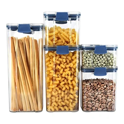 Afbeelding van 5 stuks voorraaddozen vershouddozen BPA vrij set maten in 3 kleuren selecteerbaar kunststof kruidenpotjes luchtdicht bewaardozen, kleur: blauw
