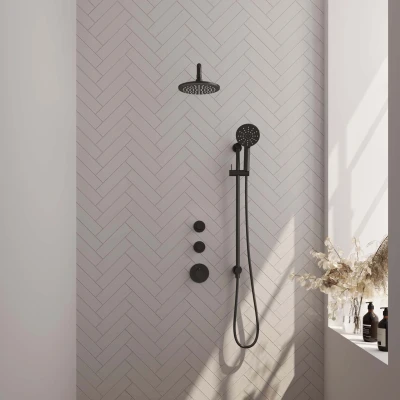 Afbeelding van BRAUER Black Carving thermostatische inbouw regendouche SET 21 met 20 cm douchekop en gebogen muurarm 3 standen handdouche doucheslang
